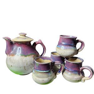 Handmade Pottery Teapot 4 Mugs Cups Signed KS Purple Beige